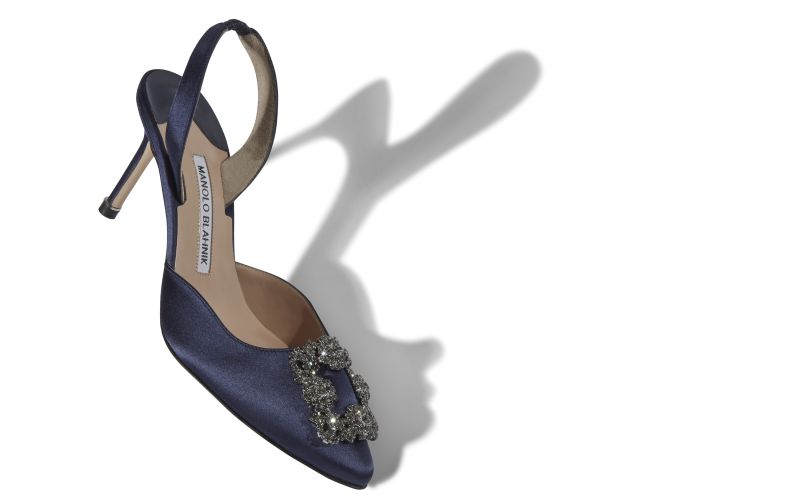 Hangisli, Navy Blue Satin Jewel Buckle Slingback Pumps - AU$1,945.00 