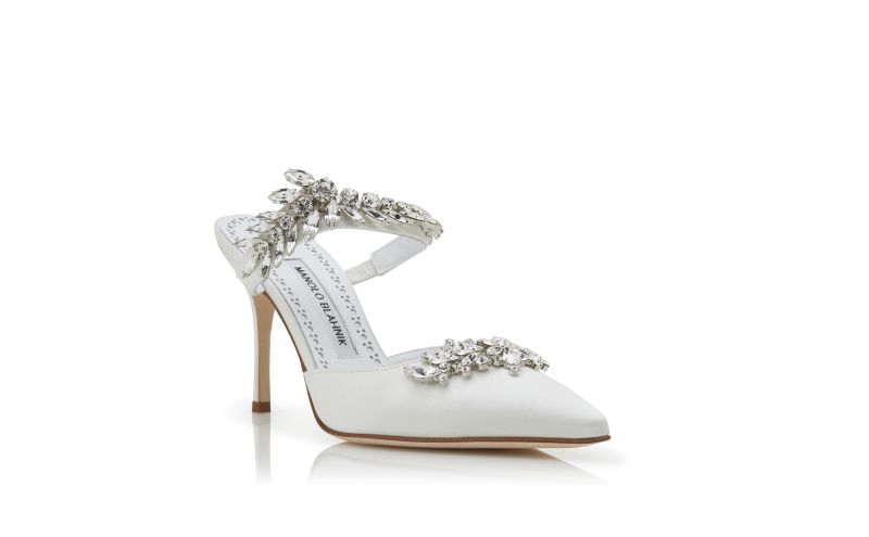 Lurum, White Satin Crystal Embellished Mules - £1,075.00