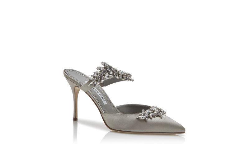 Designer Grey Satin Crystal Embellished Mules