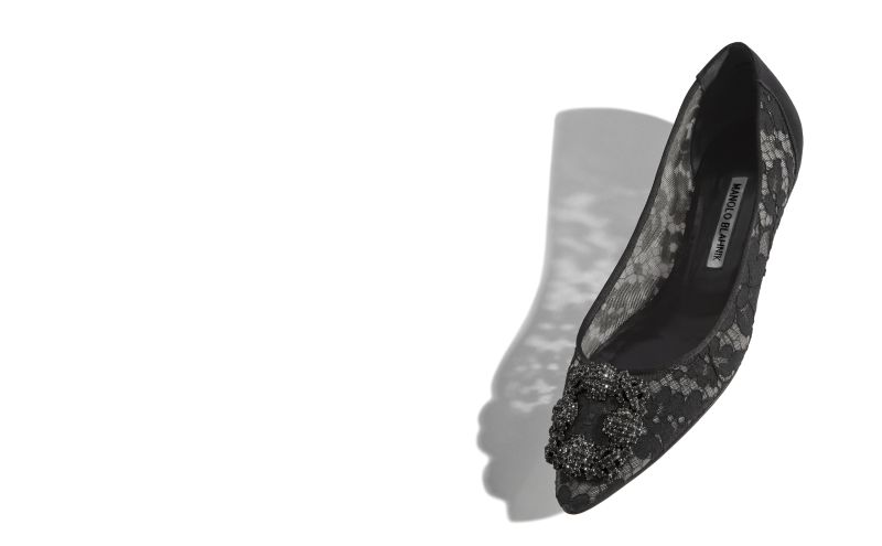 Designer Black Lace Jewel Buckle Flats
