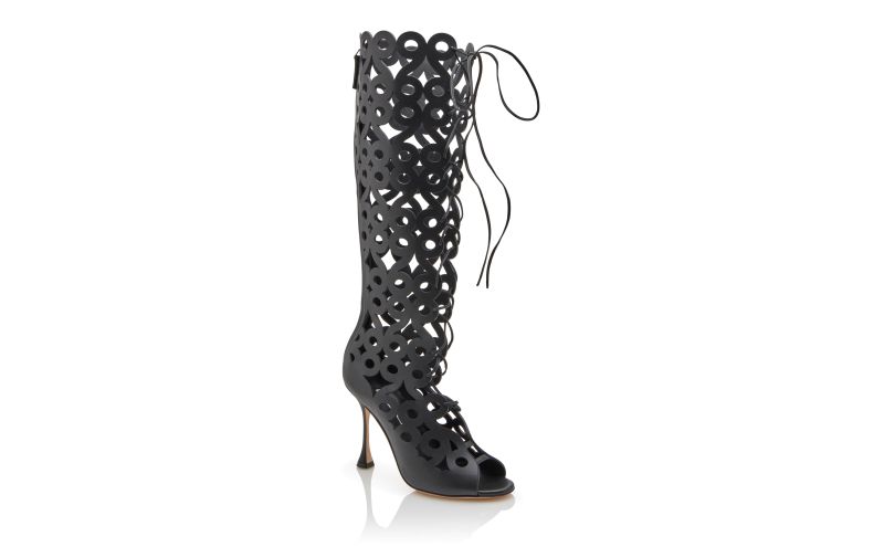 Tarashi, Black Calf Leather Cut Out Knee High Boots - CA$2,595.00