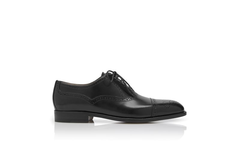 Side view of Witney, Black Burnished Calf Leather Cap Toe Oxfords - US$498.00