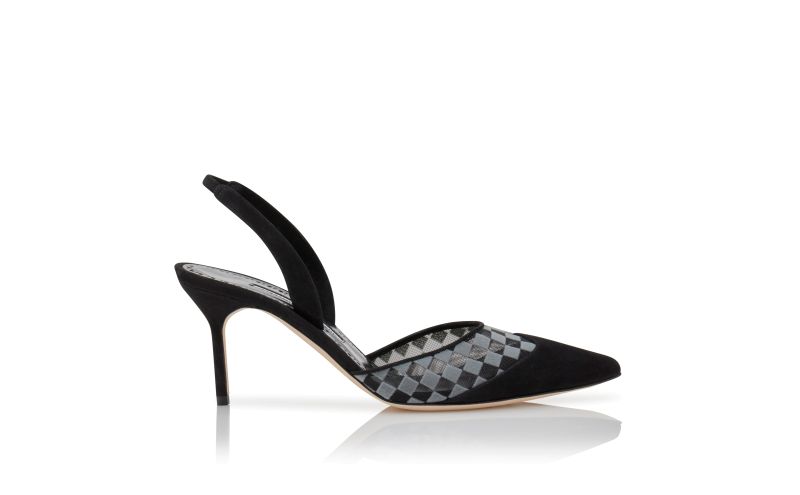 Side view of Mingosli, Black Mesh Checkered Slingback Mules - US$845.00