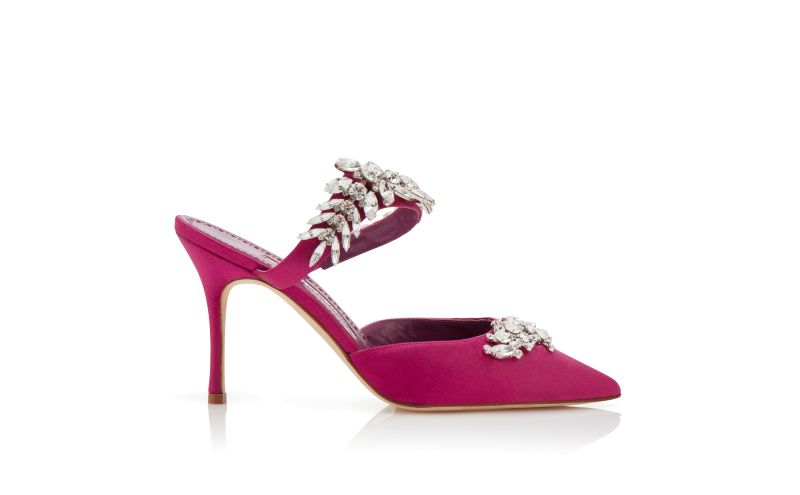 Side view of Lurum, Fuchsia Satin Crystal Embellished Mules - £1,075.00