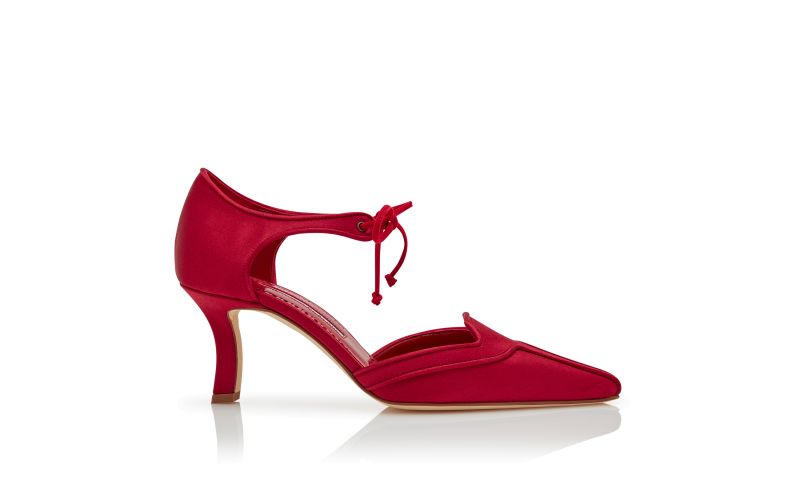 Side view of Orata, Red Satin Ankle Strap Pumps - AU$1,635.00