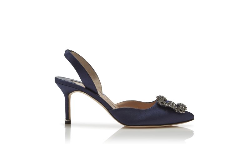 Side view of Hangisli, Navy Blue Satin Jewel Buckle Slingback Pumps - CA$1,555.00