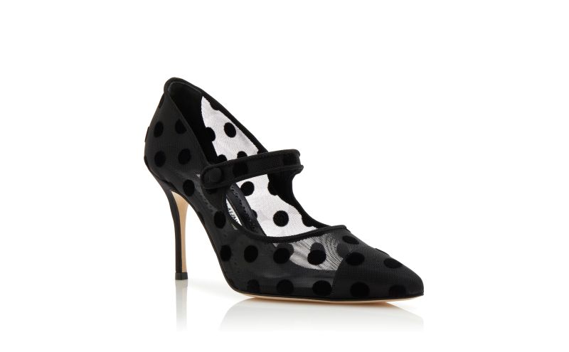 Designer Black Mesh Polka Dot Pointed Toe Pumps