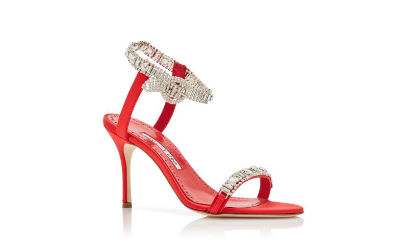 Asasan, Red Satin Jewel Embellished Sandals - US$1,017.00