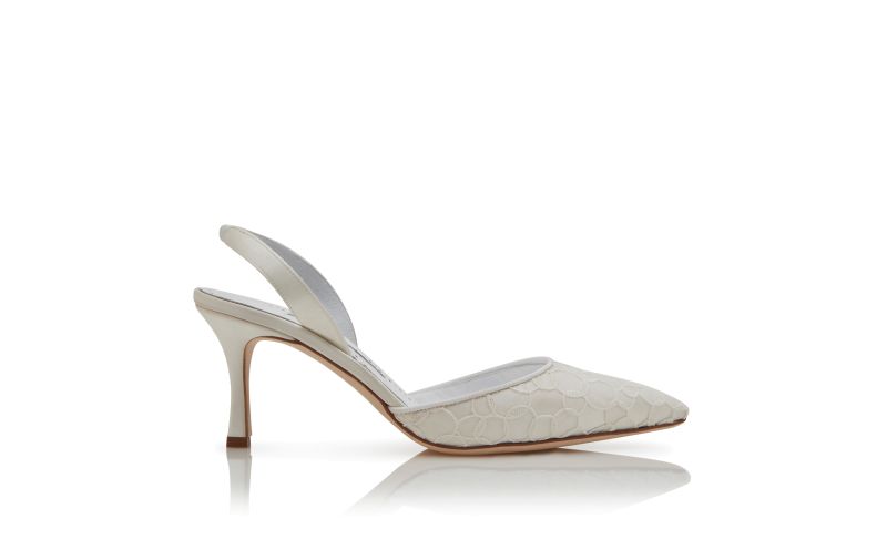 Side view of Carolyne 70, Cream Satin Slingback Pumps - US$483.00