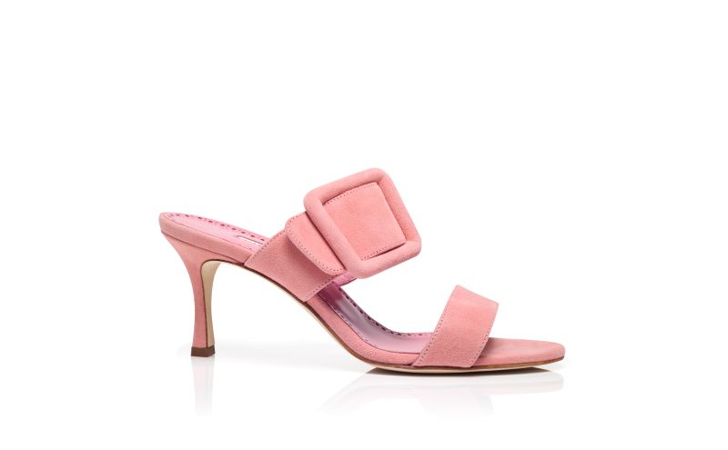 Side view of Gable, Light Pink Suede Open Toe Mules - US$845.00