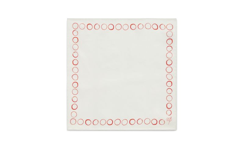 Side view of Circles, Ivory and Red Silk Circle Print Pocket Square - £50.00