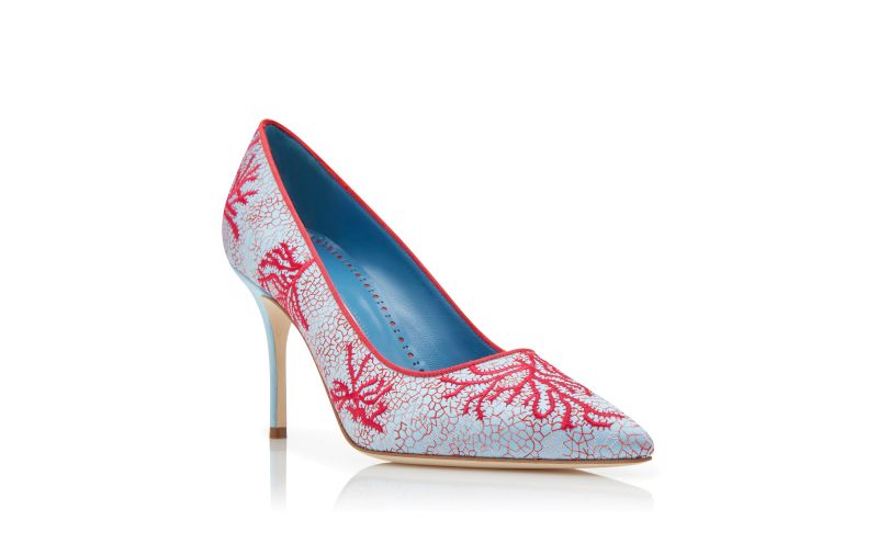 Berola, Light Blue and Red Satin Embroidered Pumps - £1,075.00