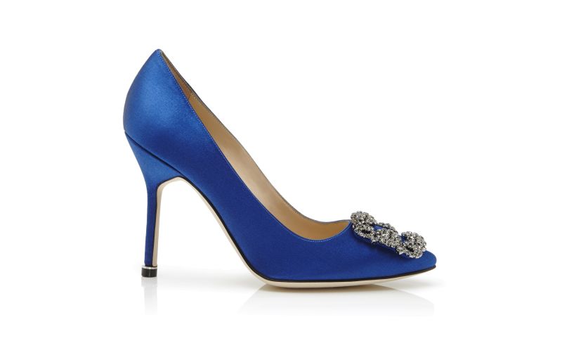 Side view of Hangisi, Blue Satin Jewel Buckle Pumps - US$1,195.00
