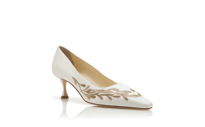 Feza, White and Gold Satin Pumps - US$1,250.00
