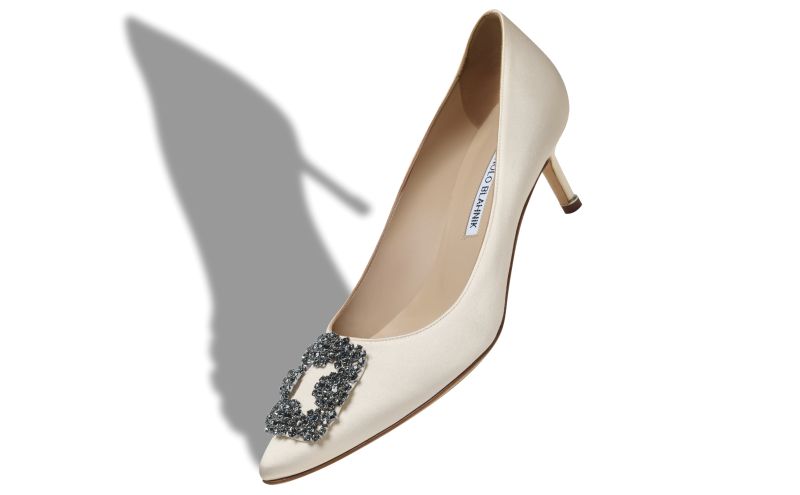 Hangisi 50, White Satin Jewel Buckle Pumps - US$1,350.00