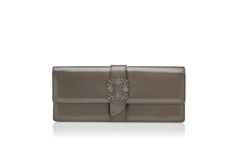 Side view of Designer Dark Grey Nappa Leather Jewel Buckle Clutch