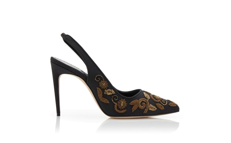 Side view of Wilfreda, Black and Gold Crepe De Chine Slingback Pumps - CA$1,745.00