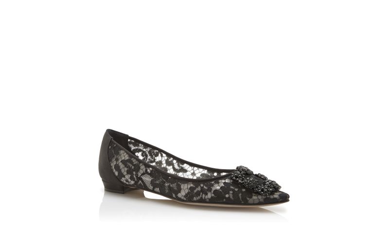 Designer Black Lace Jewel Buckle Flats