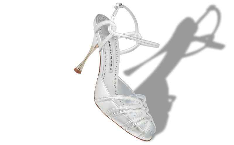 Makanak, Silver Nappa Leather Ankle Strap Sandals - US$598.00 