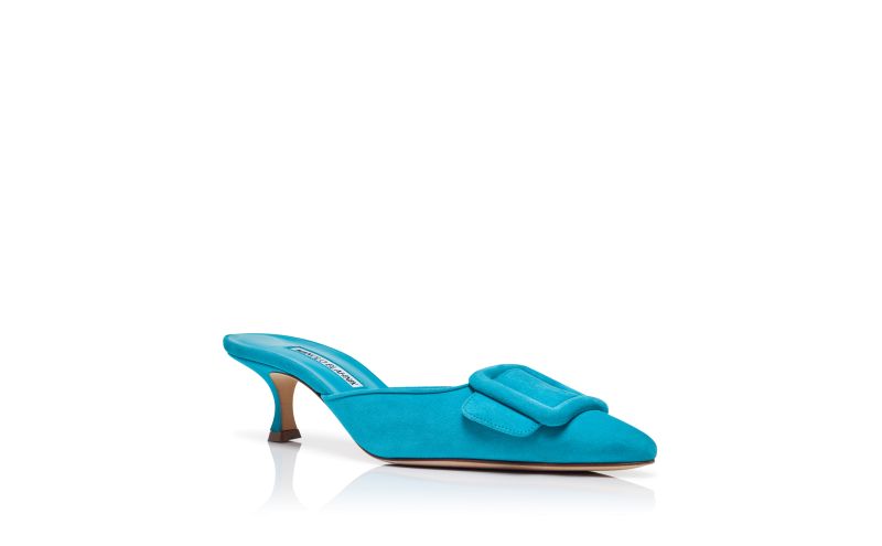 Maysale, Blue Suede Buckle Detail Mules - US$915.00