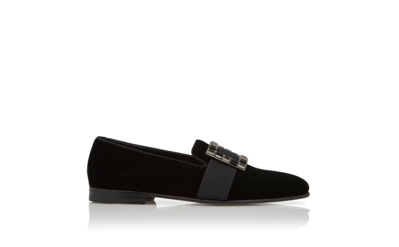 Side view of Eaton, Black Velvet Buckled Loafers - £895.00