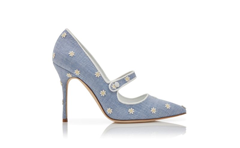 Side view of Camparinew, Blue and White Chambray Daisy Pumps - £675.00