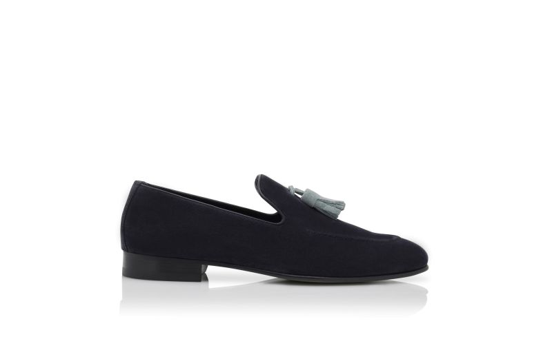 Side view of Chester, Navy Blue Suede Tassel Detail Loafers - £675.00