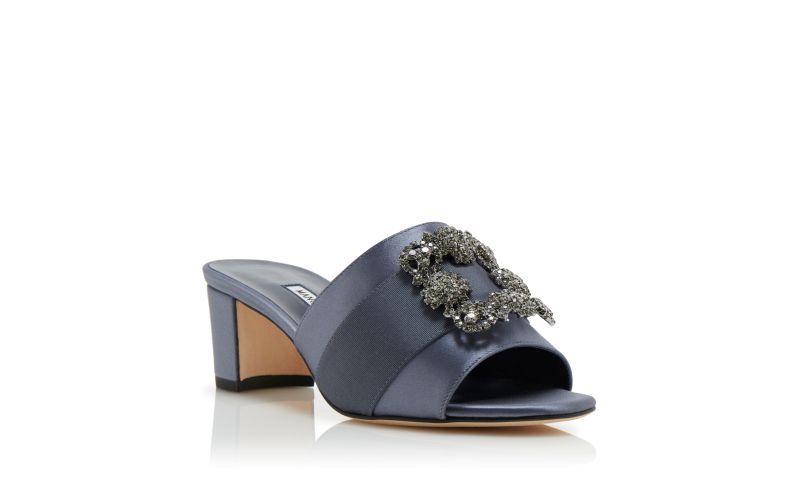 Martanew, Blue-Grey Satin Jewel Buckle Mules - CA$1,425.00