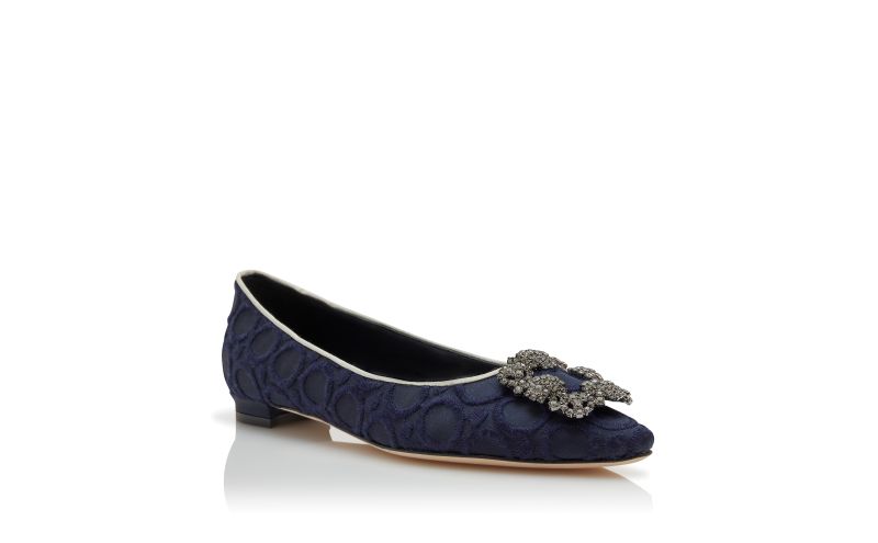 Hangisiflat, Navy Blue and White Silk Jewel Buckle Flat Pumps - US$1,250.00