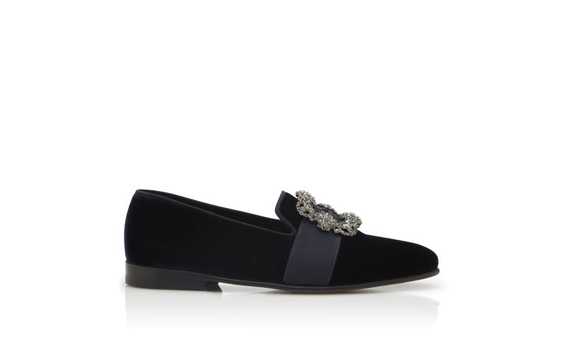 Side view of Carlton, Navy Blue Velvet Jewelled Buckle Loafers - US$1,195.00