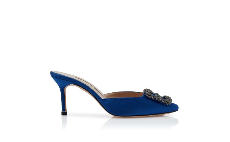 Side view of Hangisimu, Blue Satin Jewel Buckle Mules - £845.00