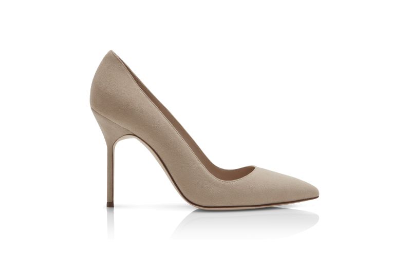 Side view of Designer Dark Cream Suede Pointed Toe Pumps