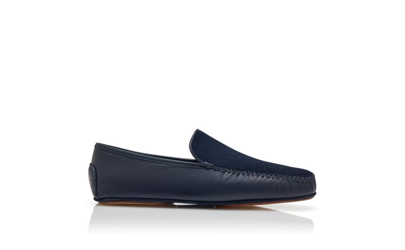 Side view of Mayfair, Navy Nappa Leather and Suede Driving Shoes - US$695.00