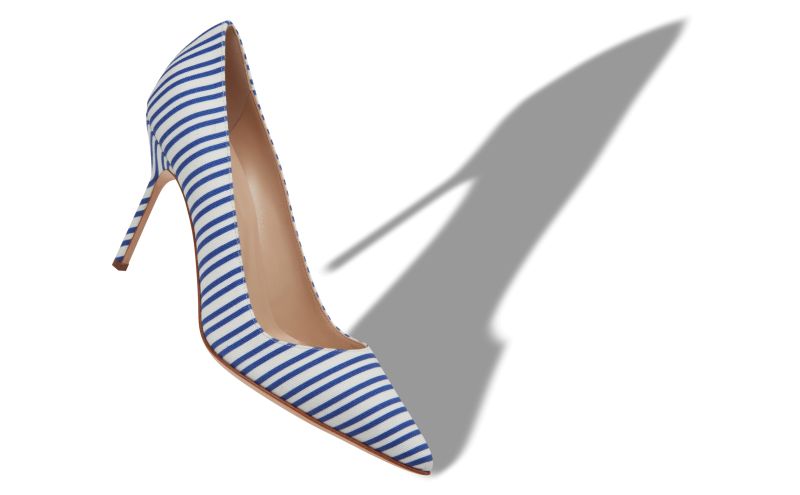 BB 90, Blue Cotton Striped Pointed Toe Pumps , 725 USD