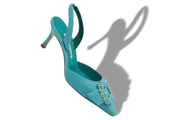 Gibsli, Light Blue Suede Pearl Buckle Slingback Pumps - US$855.00 