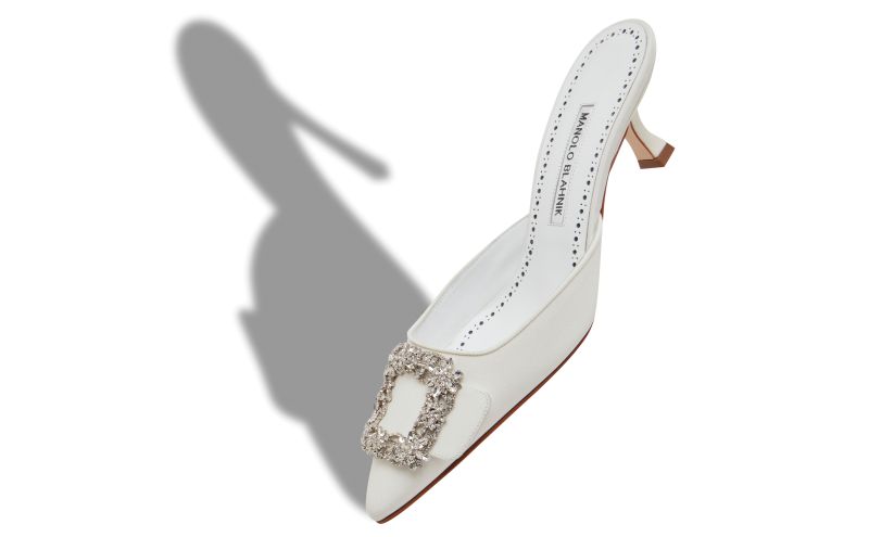 Maysale bridal , White Crepe de Chine Jewel Buckle Mules - US$1,145.00