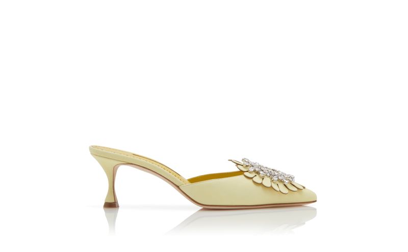 Side view of Shogmu, Yellow Suede Jewel Embellished Mules - £645.00