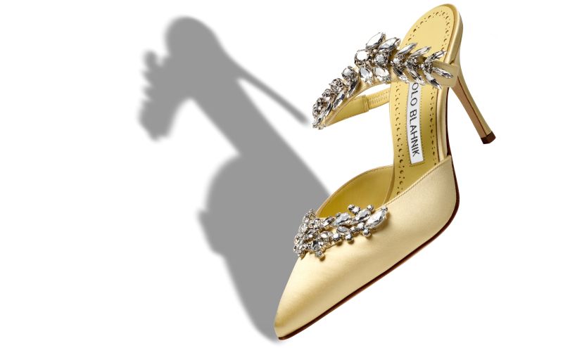 Lurum, Pale Yellow Satin Crystal Embellished Mules - US$1,395.00