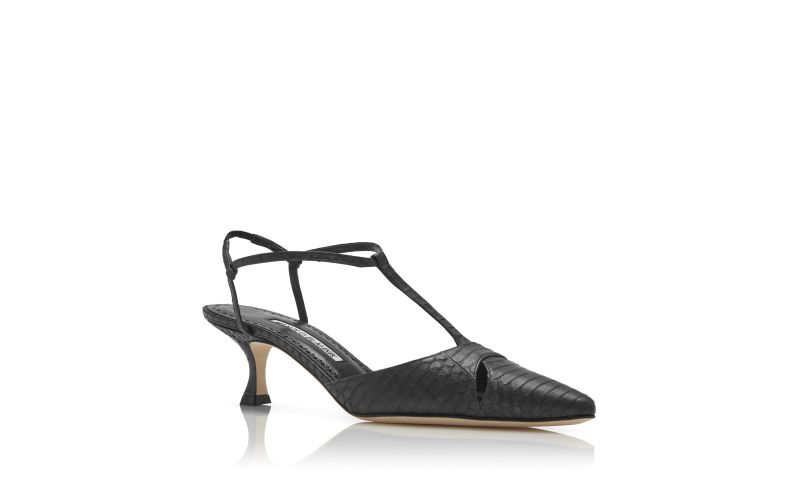 Turgimod, Black Snakeskin T-Bar Pumps - US$975.00