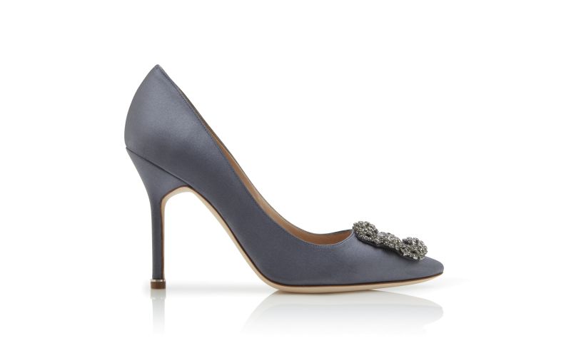 Side view of Designer Grey Satin Jewel Buckle Pumps