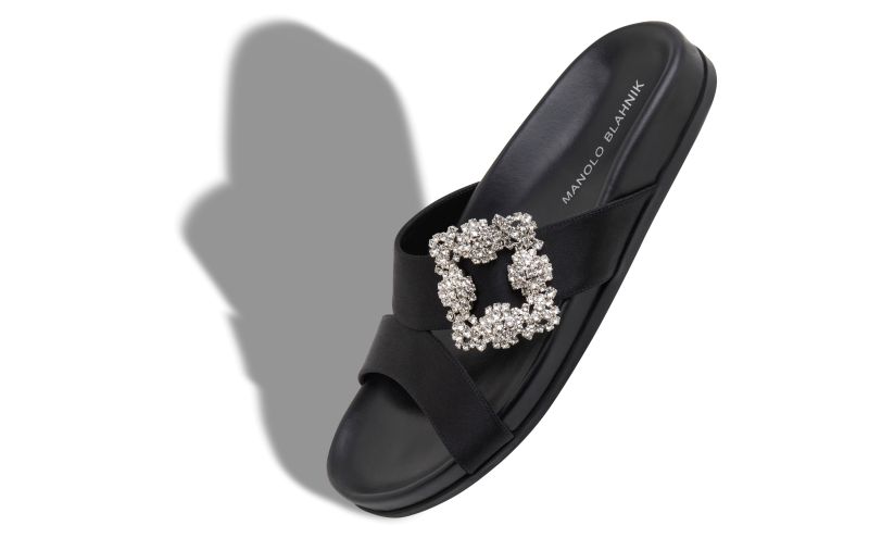 Chilanghi, Black Satin Jewel Buckle Flat Mules - €995.00