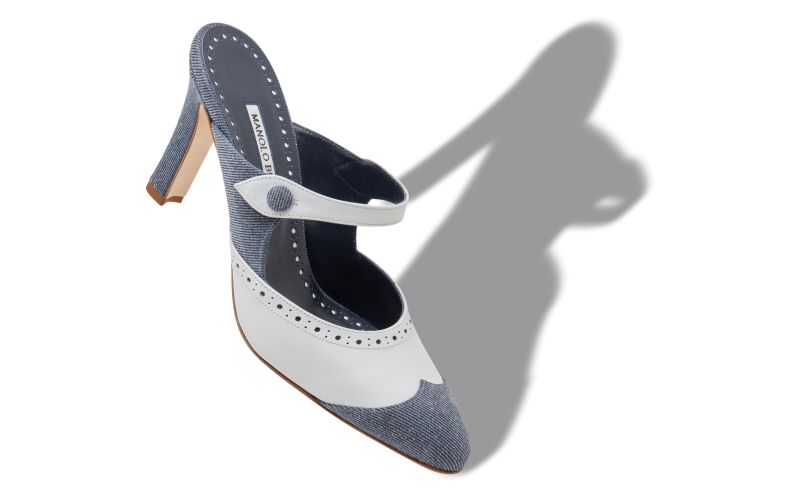 Agathanu, Blue and White Denim Mules - US$845.00 