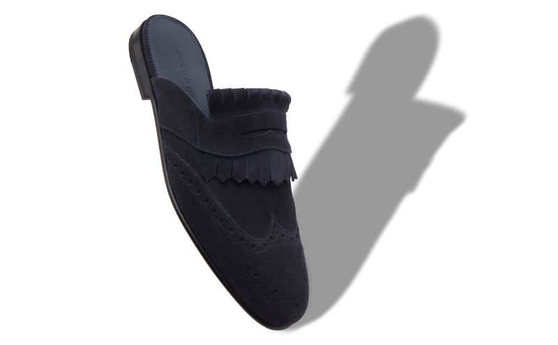 Dasiomu, Navy Blue Suede Kiltie Backless Loafers - £675.00 
