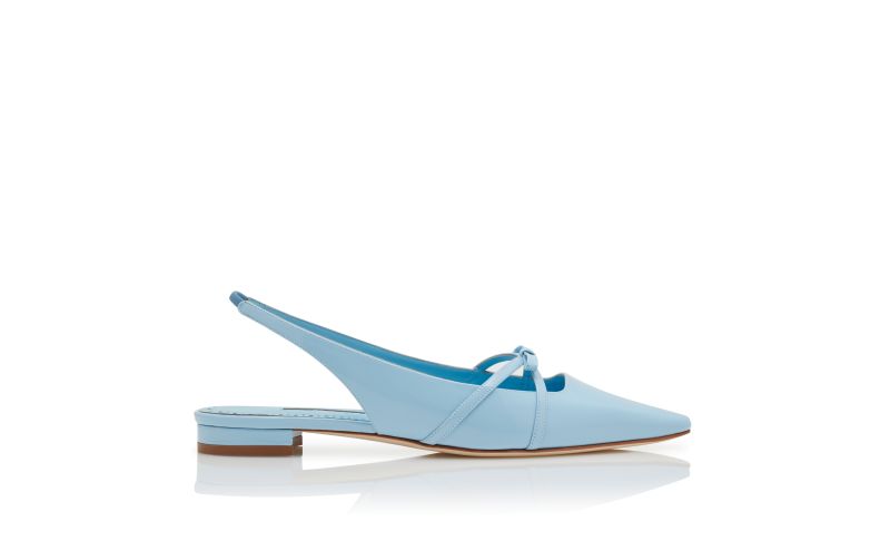 Side view of Dariasli, Light Blue Patent Leather Bow Detail Slingback Flat Pumps - £815.00
