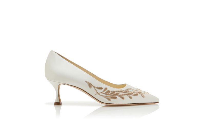 Side view of Feza, White and Gold Satin Pumps - US$1,250.00