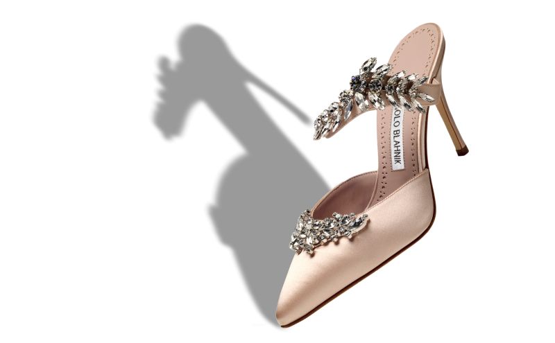 Lurum, Light Beige Satin Crystal Embellished Mules - US$1,395.00