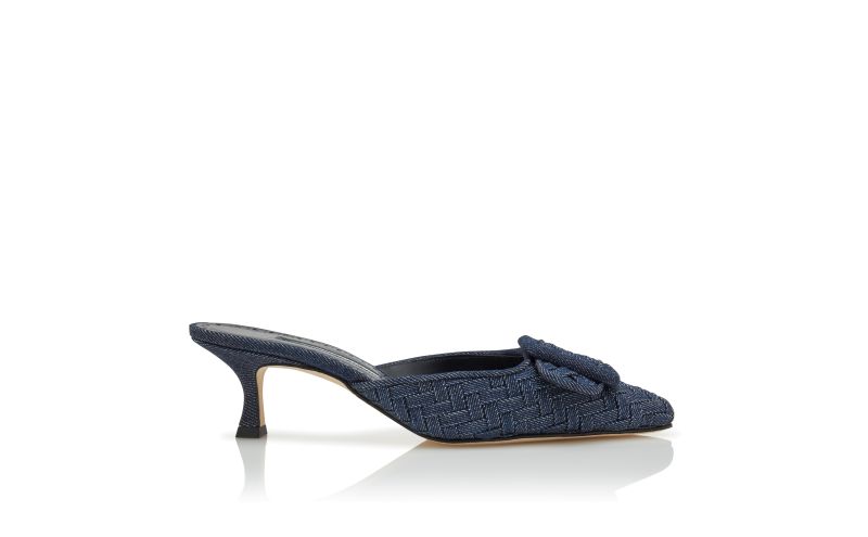 Side view of Maysale, Dark Blue Chambray Buckle Detail Mules - €825.00