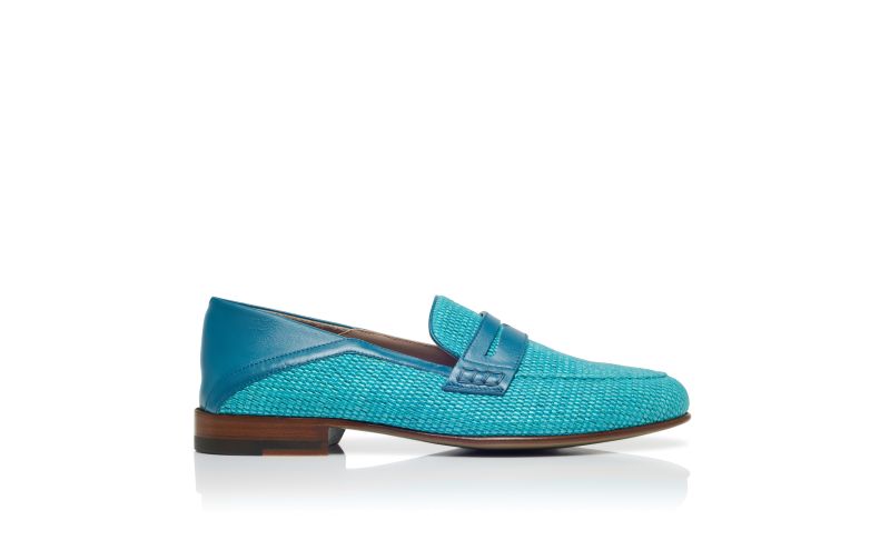 Side view of Padstow, Blue Raffia Penny Loafers - US$448.00
