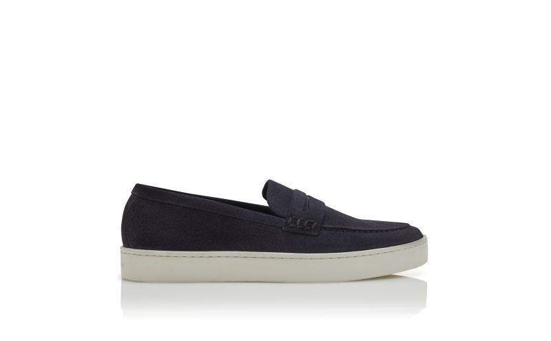 Side view of Ellis, Navy Blue Suede Slip-On Loafers - US$815.00