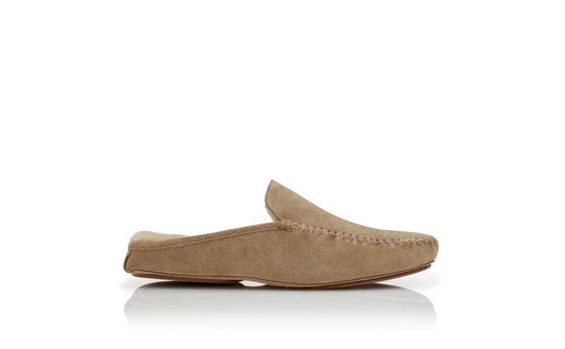 Side view of Designer Dark Beige Suede Slippers